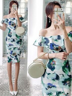 NEW Blue/Green Watercolor Floral Ruffled Bodycon Pencil Dress w/ Back Slit